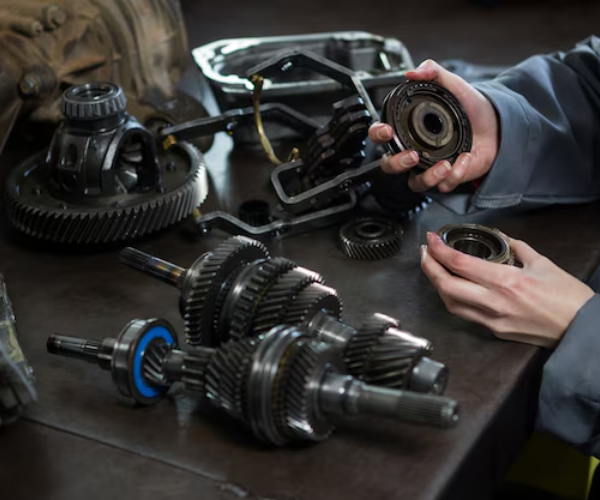 Mechanic's hands examining transmission components on a workbench, with disassembled gears, bearings and shafts arranged nearby during a gearbox rebuild or repair.