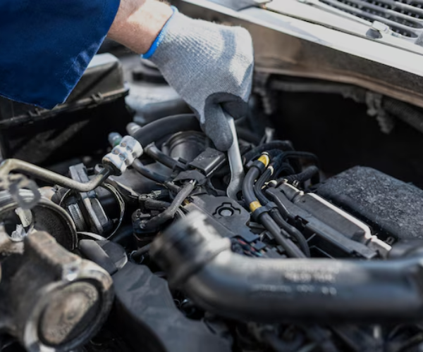 A mechanic wearing gloves uses a wrench to work on a car engine, tightening or loosening a bolt among various hoses and components under the hood.