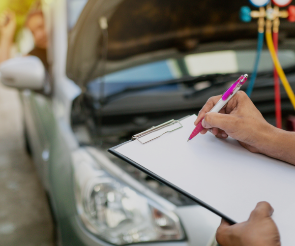 A mechanic holds a clipboard and pen while inspecting a car with an open hood, documenting details during a vehicle maintenance or repair assessment.