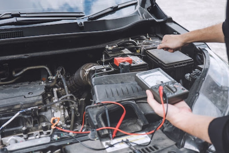 A hand using a multimeter to test a car battery under the hood, with wires and engine components visible in an outdoor setting.