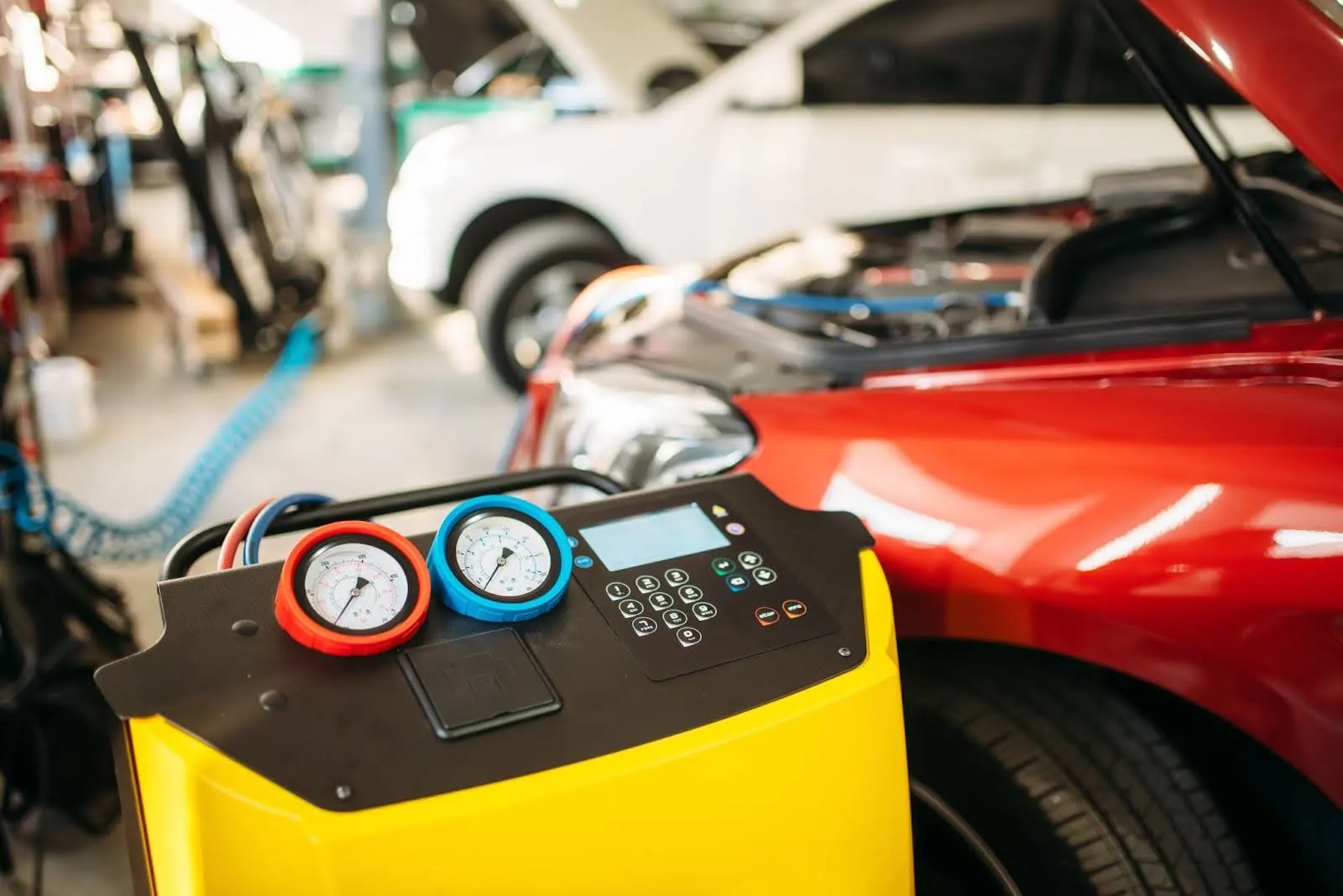 Air conditioning service machine with gauges connected to red car for freon diagnostic at auto repair shop.