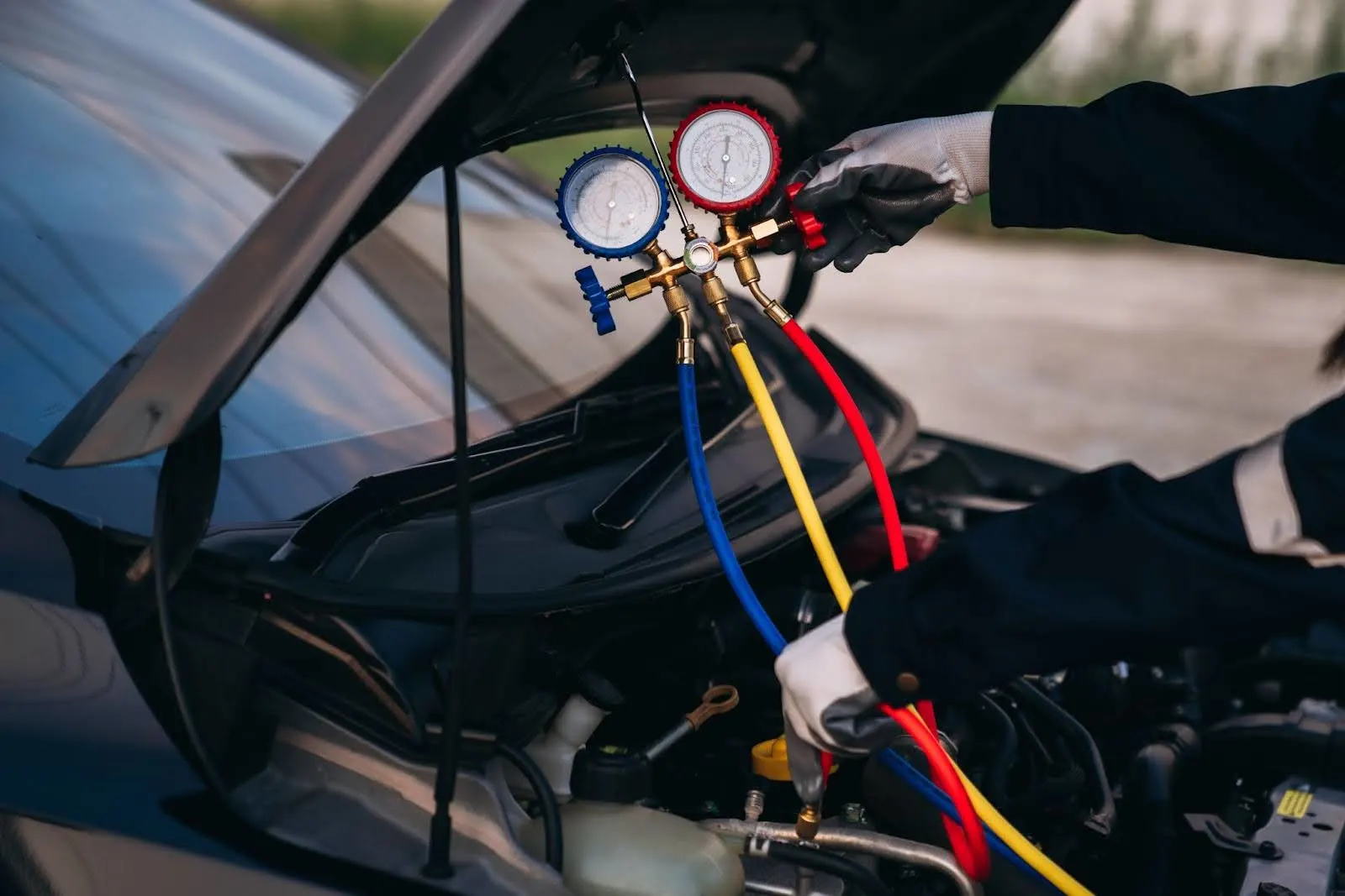 Mechanic using manifold gauge set with red, blue, and yellow hoses to inspect car air conditioning system.